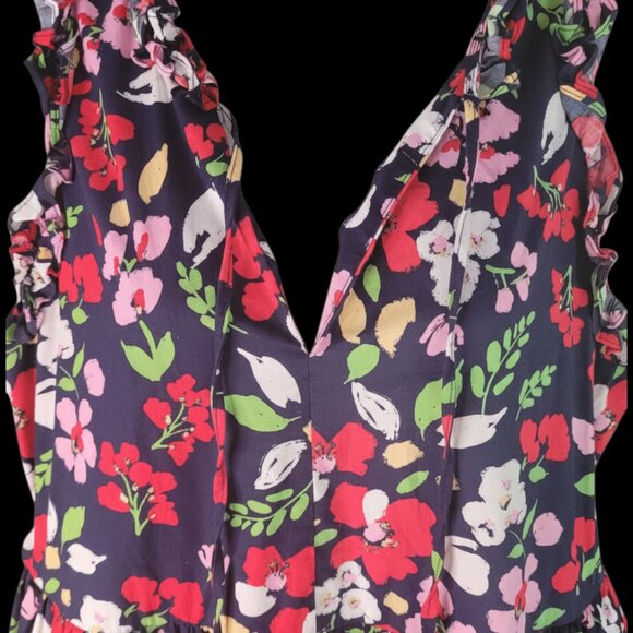 Maggy London Navy Floral Dress Ruffled Sleeveless Pockets Sz 10 - Picture 2 of 8